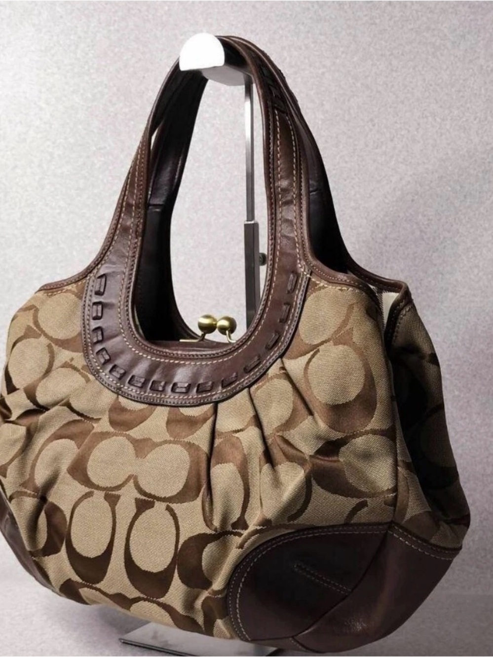 Coach Brown Signature Canvas Shoulder Bag with Dark Brown Leather Trim